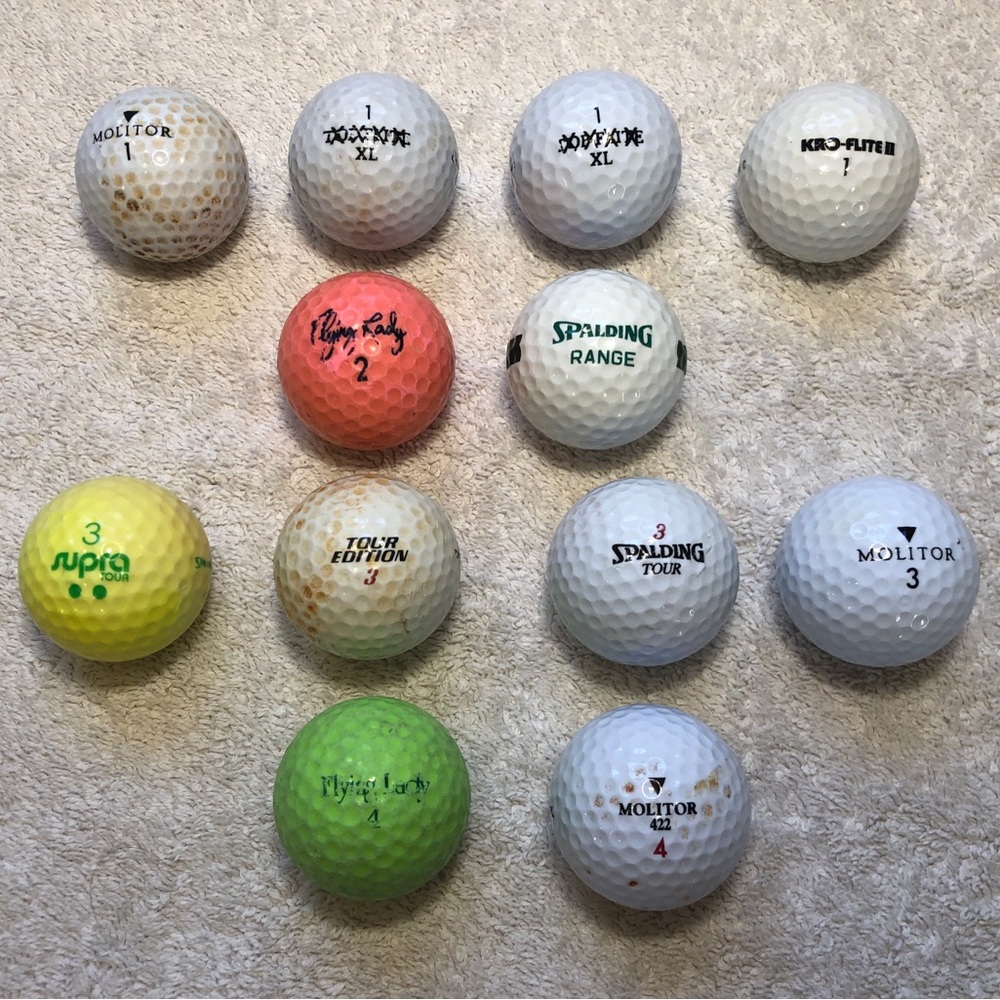13 Vintage Spalding Golf Balls Molitor Kro-Flite Flying Lady Tour XL Used